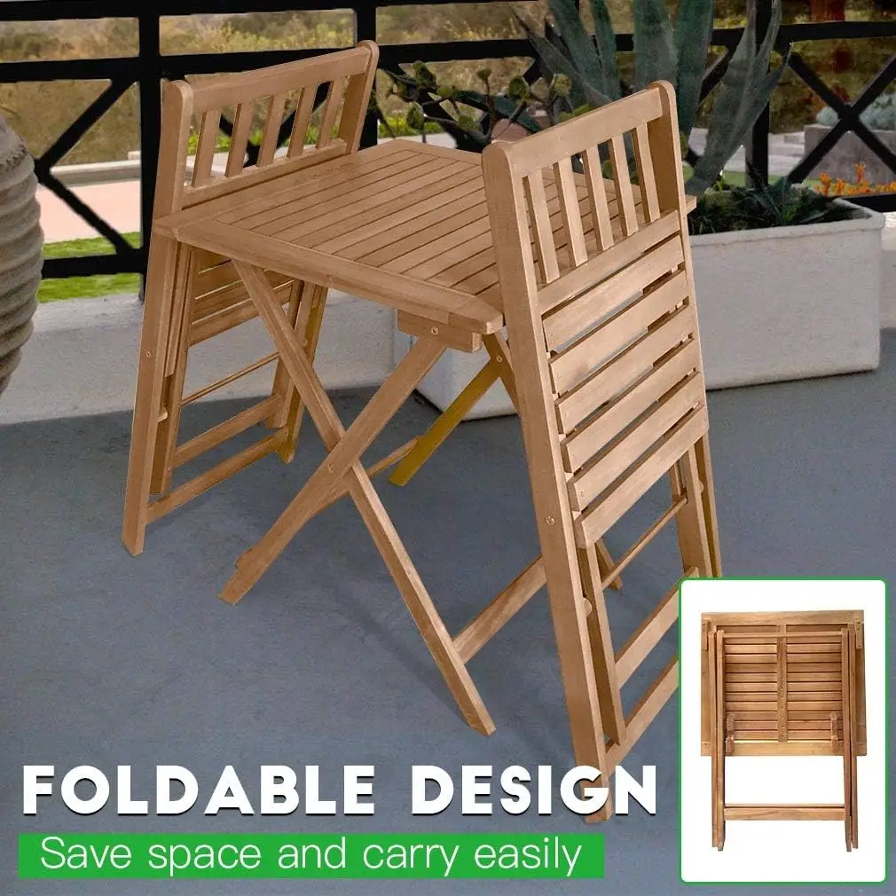3-Piece Acacia Wood Folding Bistro Set. Outdoor Table & 2 Chairs. For Pool, Beach, Backyard, Balcony, Garden. Natural Oiled.