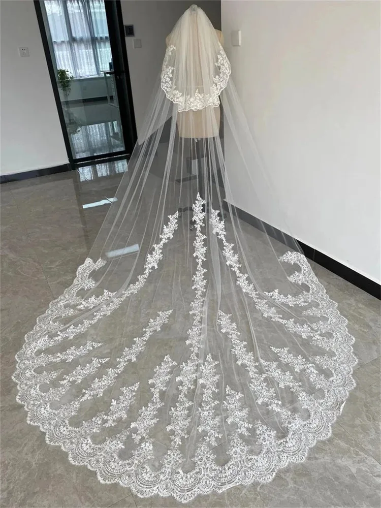 Bridal Veil 3M 4M 5M 2 Layers Wedding Veils Cover Face Lace Appliqued With Comb for Bride Cathedral Wedding Accessories