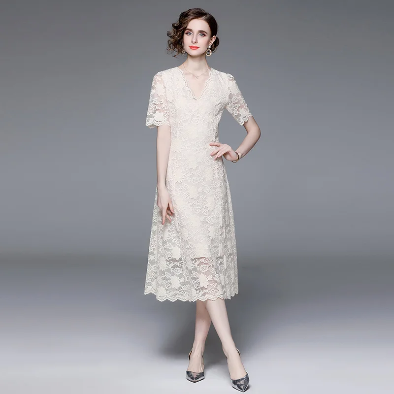 

2023 New Fashion Elegant Summer Women V Neck Short Sleeve Elegant Retro Hook Flower Hollow Lace Ebmroidery Long Dress