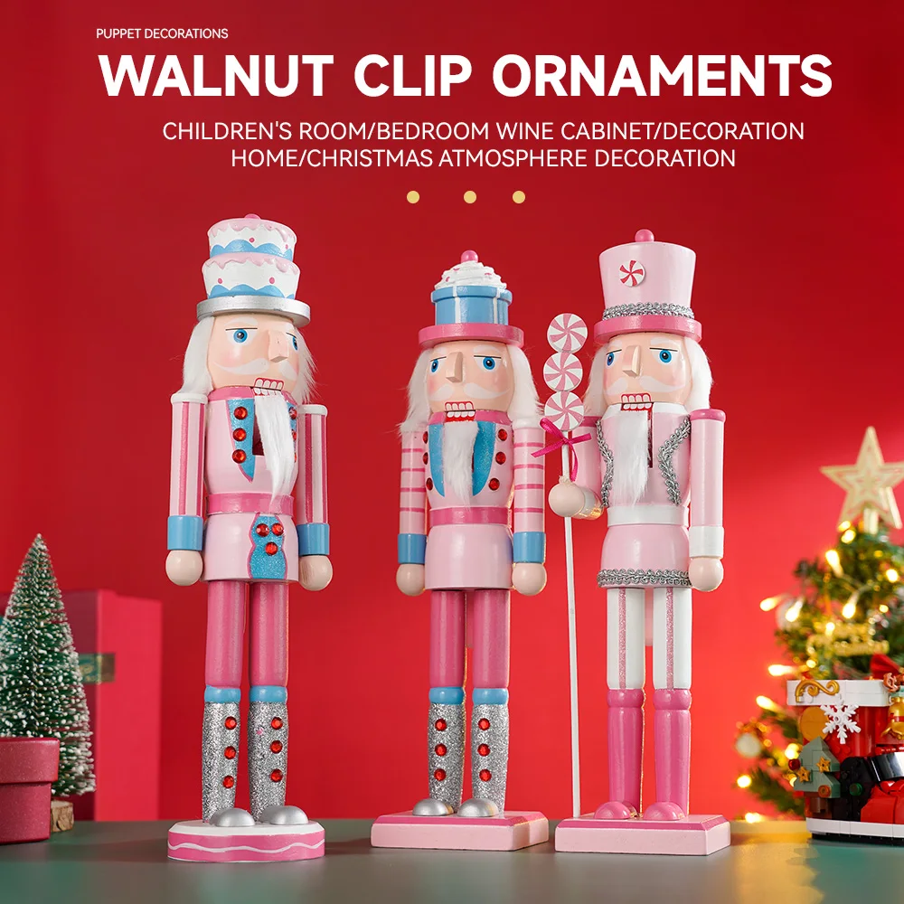 

35cm Christmas Nutcracker Puppet King Figurine Doll Wooden Toy New Year Gift Pink Candy Sculpture Crafts Display Decoration