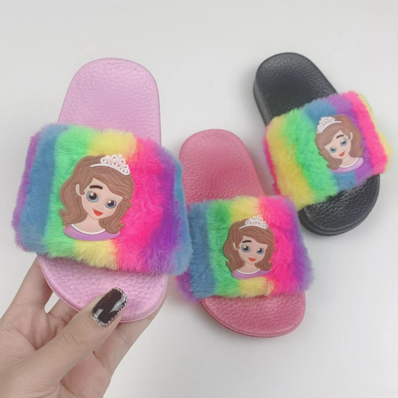 

Disney Princess Elsa Girls' Wool Slippers Non slip Cartoon Soft Sole Frozen Fashion Indoor Outdoor Children's Fur Slippers