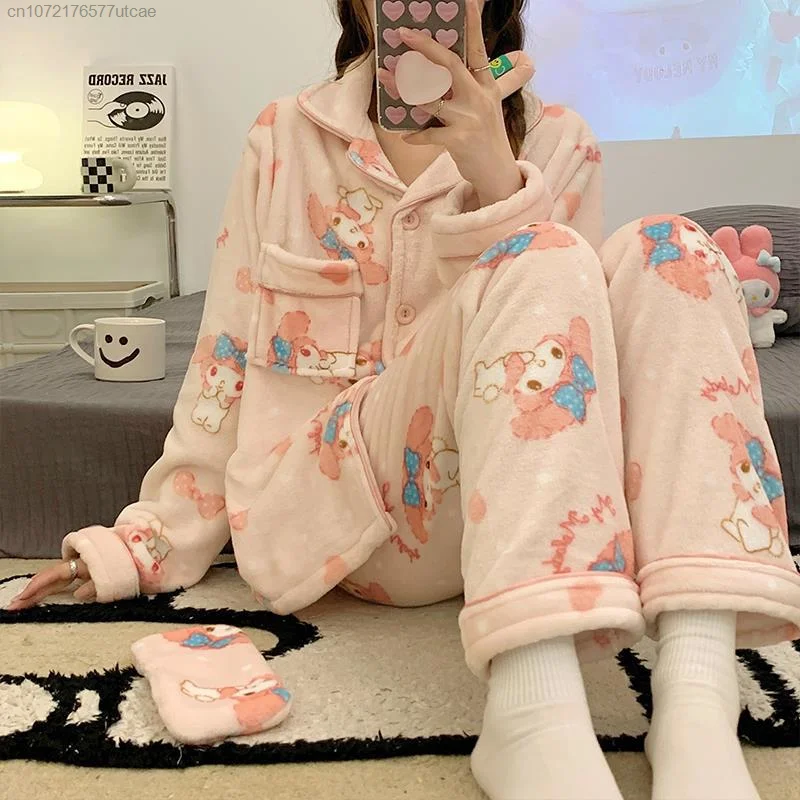 Sanrio Hello Kitty Winter Plush Pajamas Sets Women Kuromi Melody