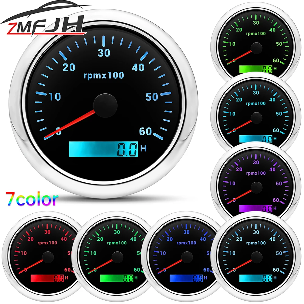 85mm Tachometer With LCD Hourmeter For Marine Boat Car 3000/4000/6000/8000 RPM Tacho Gauge 7 Color Backlight Digital Display