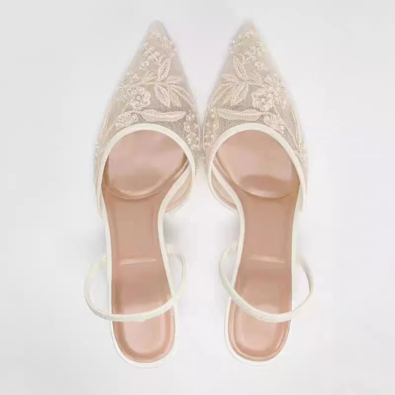 TRAF Woman Vintage Embroidered High Heels White Pointed Toe Stiletto High Heels Pumps Autumn Elegant Female Slingback High Heels 2