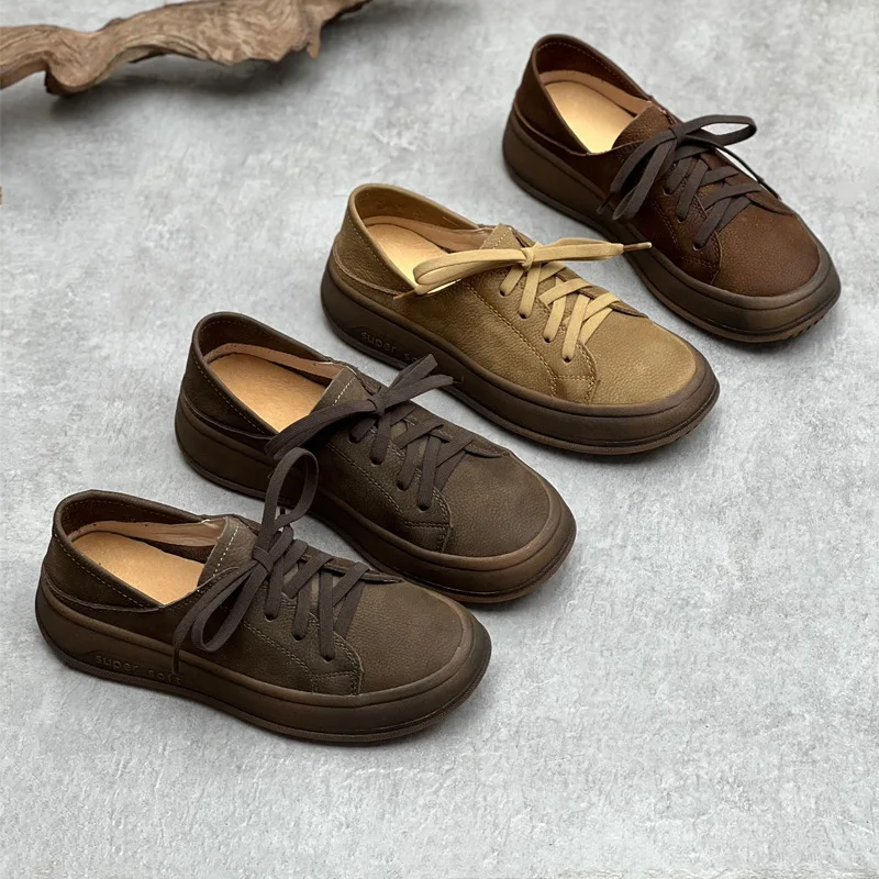 

Retro Women Flats Shoes 100% Genuine Leather Handmade Lace up Ladies Flats Shoes Luxury Designer Women Round Toe Loafers