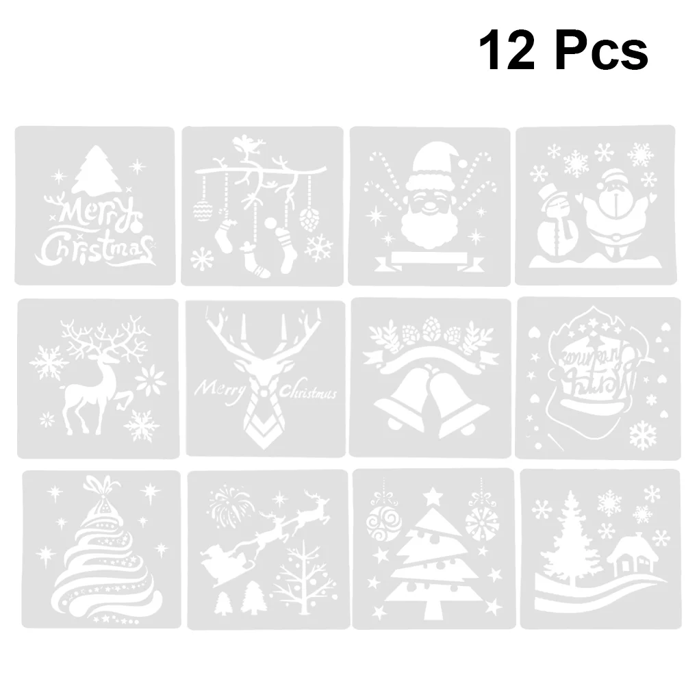 12Pcs Christmas Stencils Template, DIY Craft Drawing Stencil, Hollow Santa Elk Stencils Painting Templates Tools Journal 6pcs christmas stencils template diy painting template christmas snowflake stencils for window door wall xmas snowflake diy