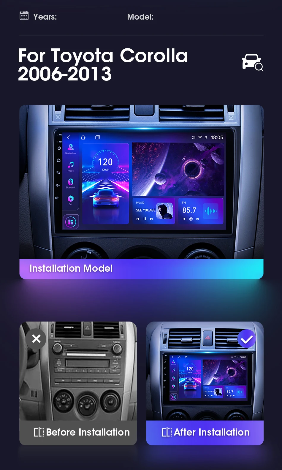 Reproductor multimedia de vídeo Navi para coche, Radio de 9 pulgadas con Android 12, Carplay, unidad principal, para Toyota Corolla 2006, 2007, 2008, 2009, 2010, 2012, 2013, 2Din