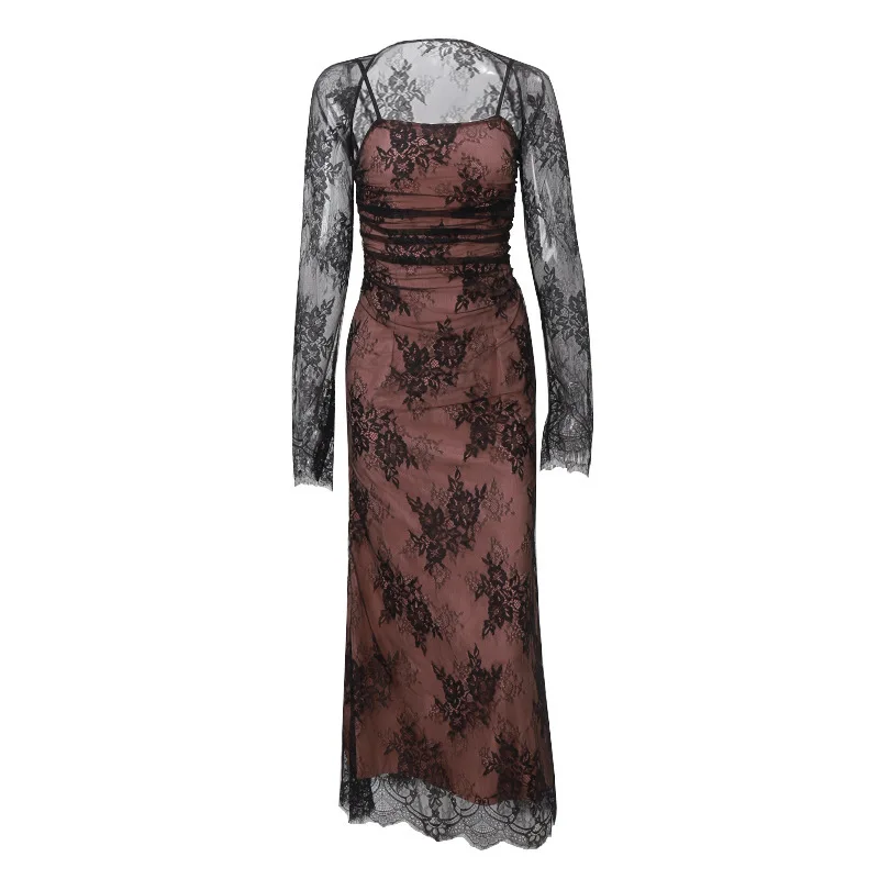Elegante vestido de noche de fiesta para mujer, de manga larga, con encaje estampado de patchwork, sexy, para otoño e invierno, nuevo, ajustado con tirantes.