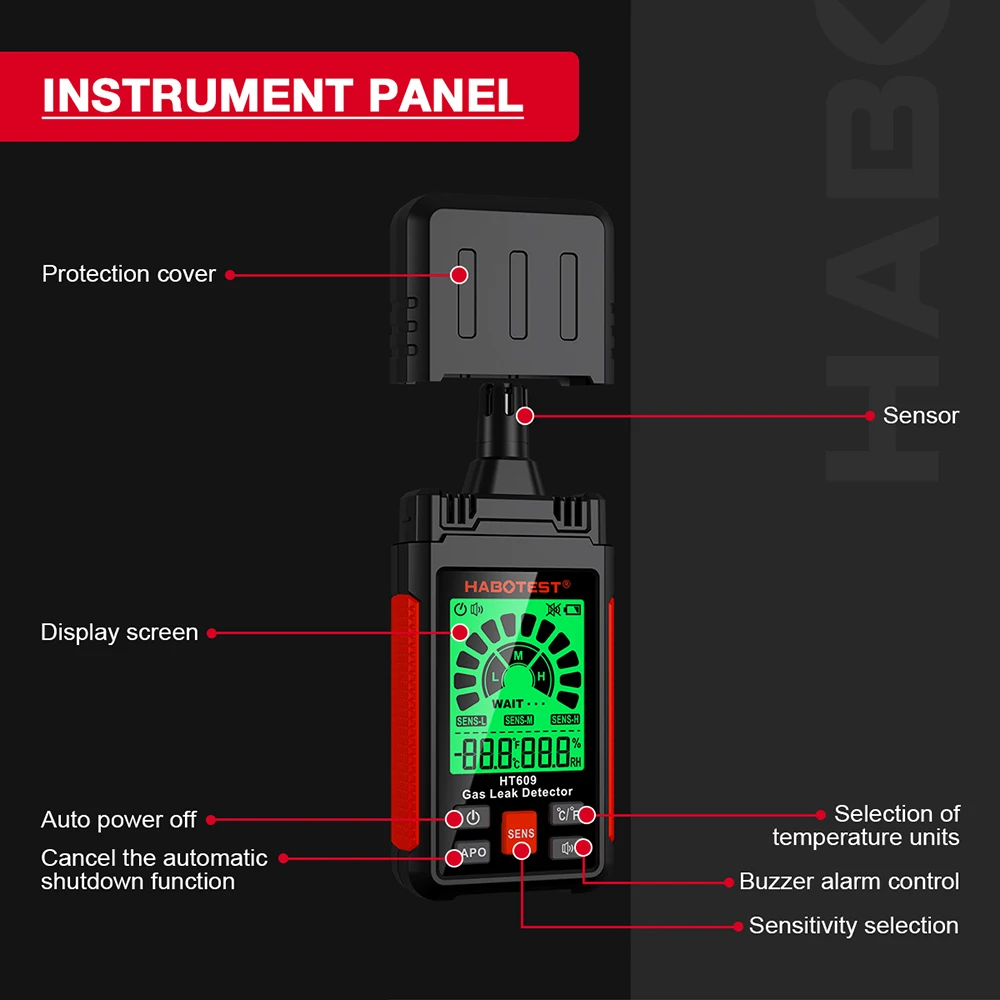 HABOTEST HT609 Gas Leak Detector Combustible Gas Detector Display Temperature Humidity