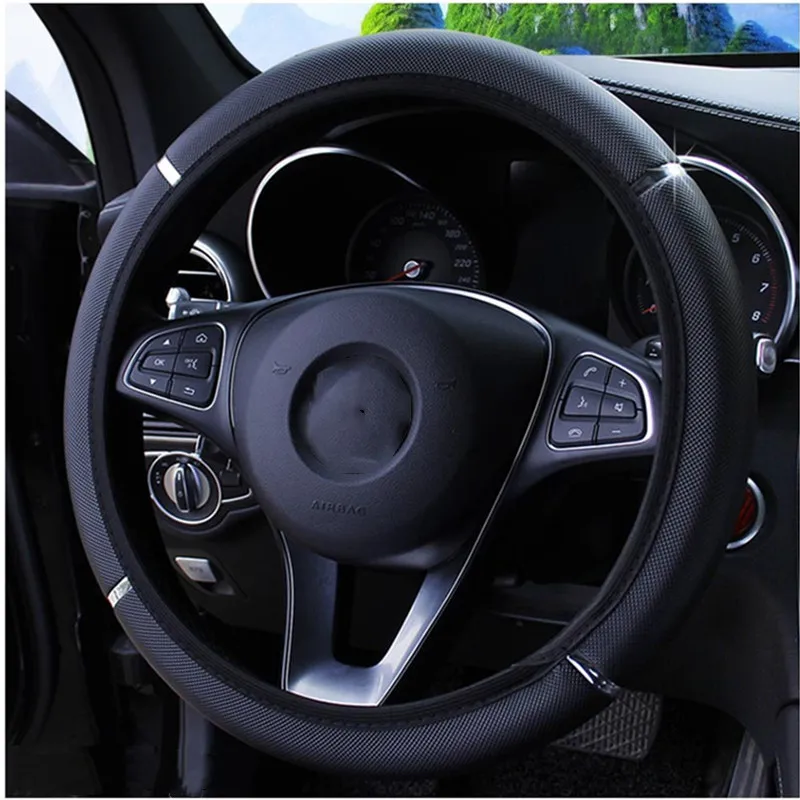 

Universal Four Seasons Car Steering Wheel Cover, Embroidered Leather with Colorful Diamonds, Fits 37-38cm Wheels