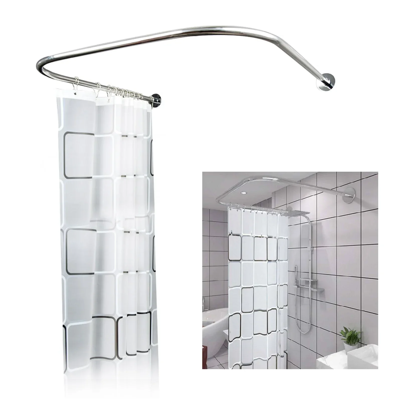 Stainless Steel Shower Curtain Rod U-Shaped Adjustable Curved Flexible Ideal For Small Bathrooms And Bathtubs