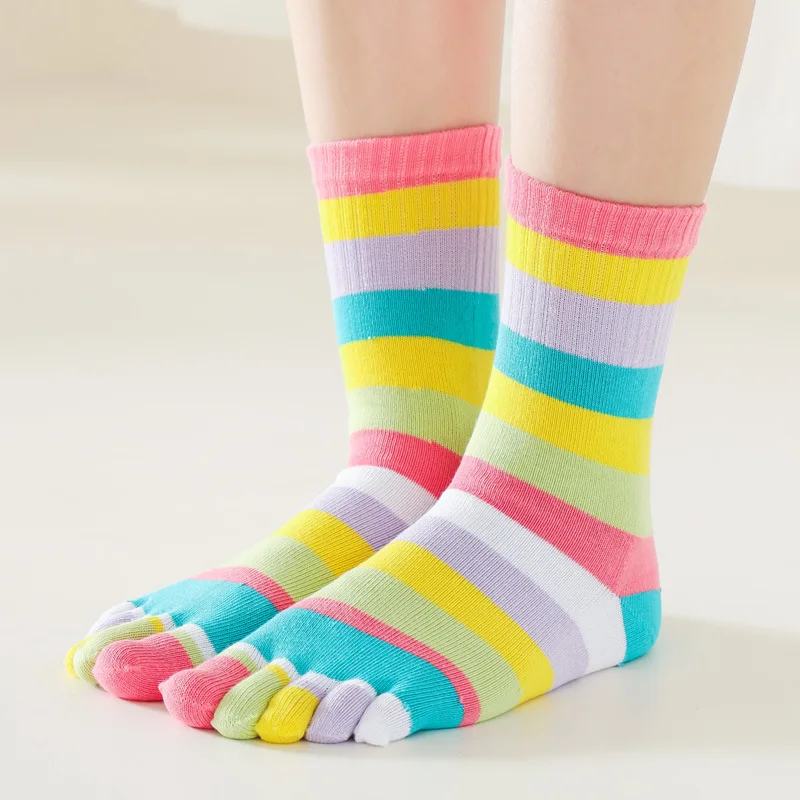 5 Pairs Girls Happy Socks Bright Color Rainbow Striped Five Finger Socks Korean Style Colorful Cotton Toe Socks Women Fashions