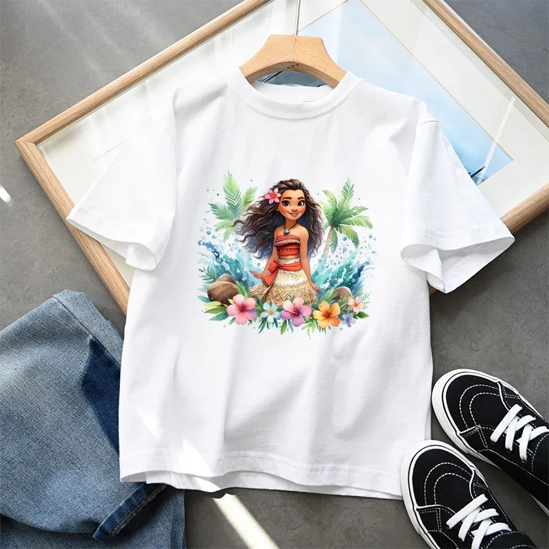 Disney Moana 2 Kids Short Sleeve T-Shirt Girls Summer Casual Tops Anime Cartoon Fashion Pullover Loose Fitting Children Clothing 5