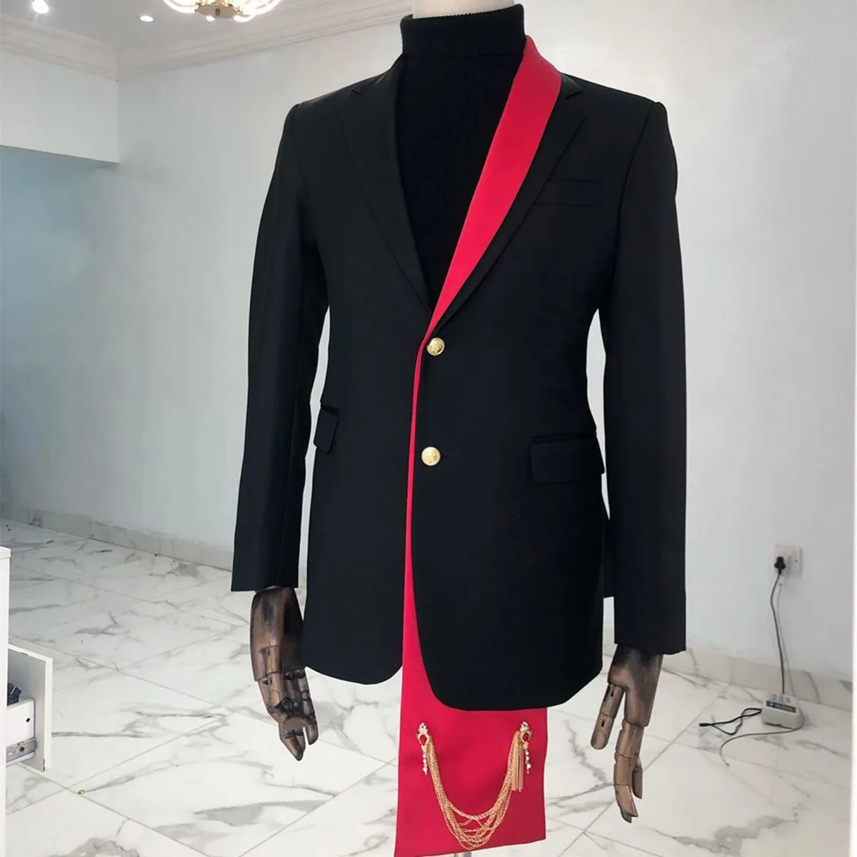 Men's Suit 2 Pieces Sequins Blazer Pants Red Peaked Lapel Single Breasted Tuxedo Wedding Groom Formal Tailored Costume Homme