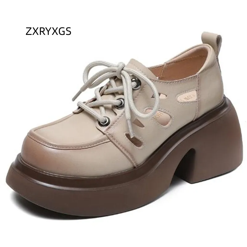 

ZXRYXGS Lace-up Spring Summer Thick Soled Shoes High Heels Light New 2023 Hollow Genuine Leather Shoes Roman Sandals Women Pumps