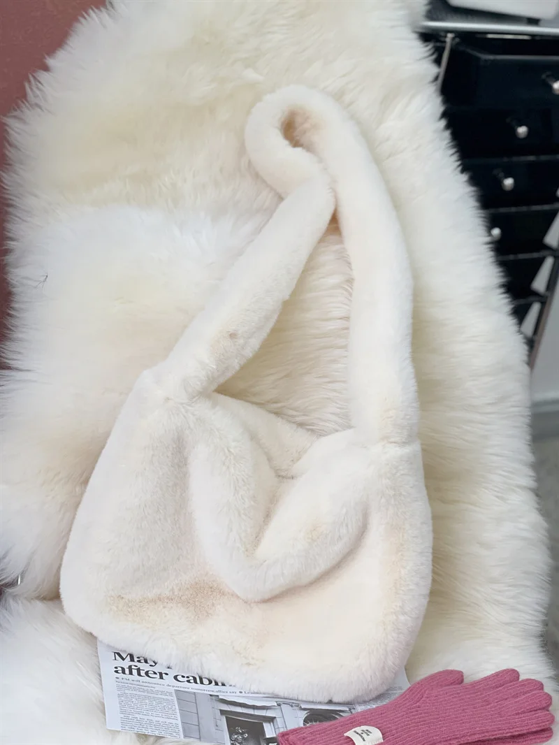 2000s Y2k Hot Girls Candy Color Rose Pink Plush Crossbody Shoulder Bag Women Winter Harajuku Street Fashion Faux Rabbit Fur Bags