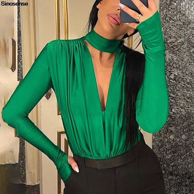 Womens Mock Turtle Neck Long Sleeve Tops Bodysuit Jumpsuit - Main Image