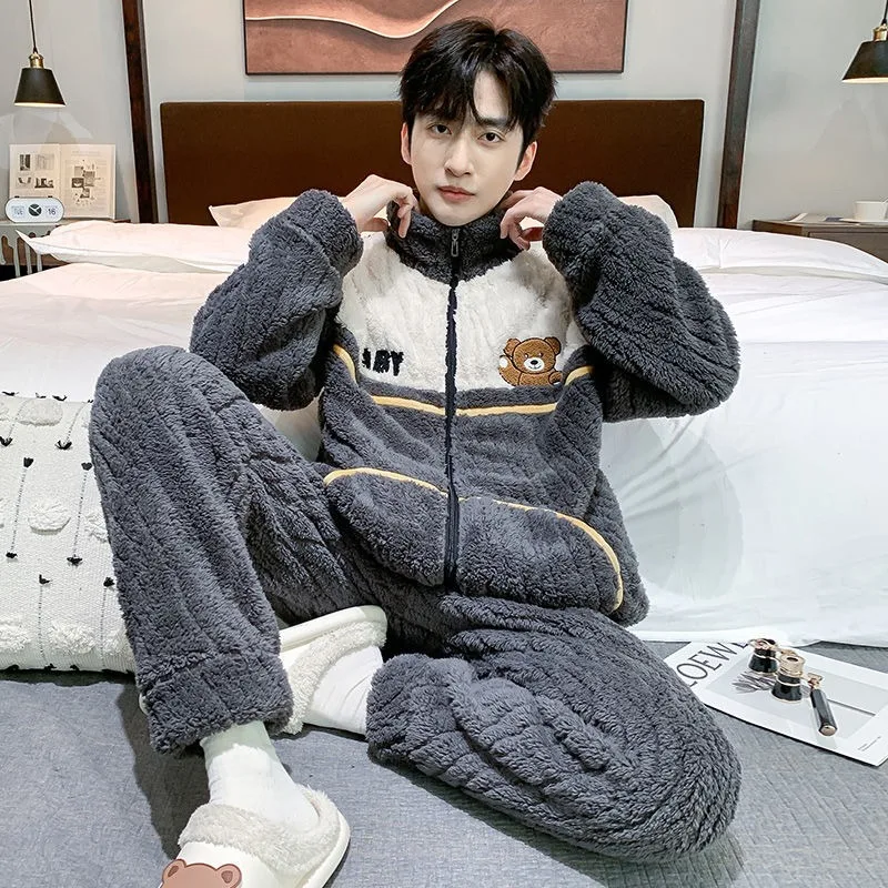 2024 New Men Pajamas Coral Velvet Thick Loungewear Warm Cartoon Student Sleepwear Zipper Flannel Homwear Autumn Nightwear 2024 new men pajamas coral velvet thick loungewear warm cartoon student sleepwear zipper flannel homwear autumn nightwear