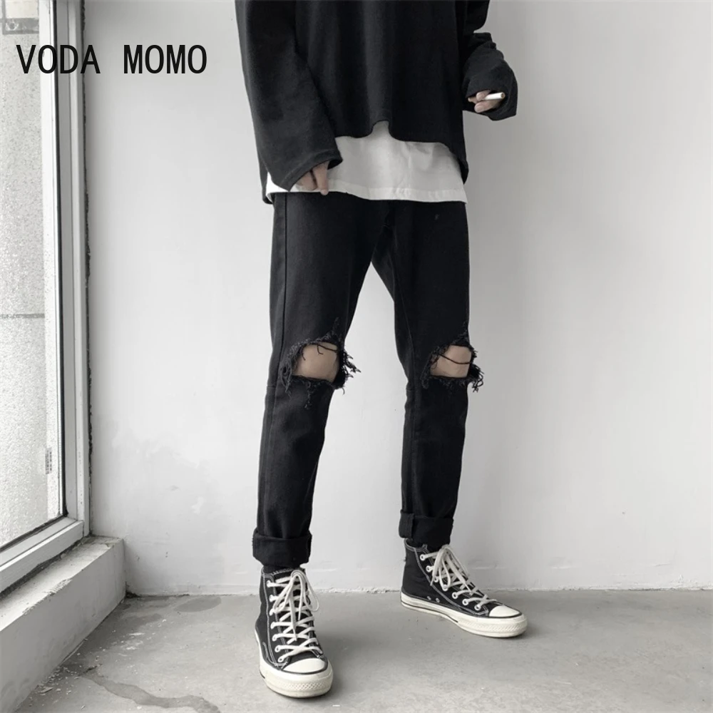 Fashion Mens Cool Designer Black Ripped Skinny Jeans Destroyed Frayed Slim Fit Denim Pant Zipper Hop Hop Pants Holes For Men
