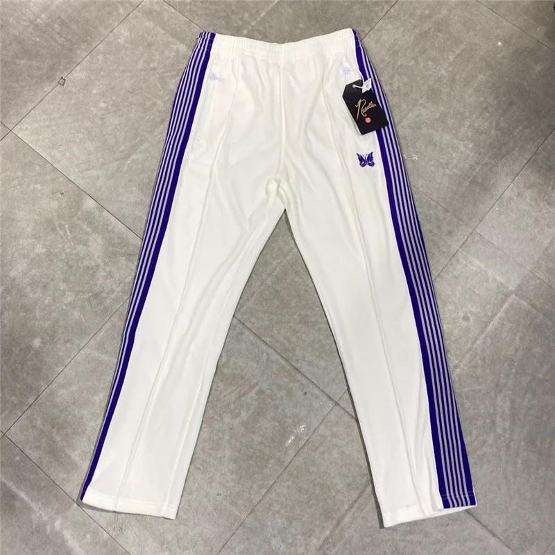 

Men Women 1:1 High Quality Velvet Butterfly Embroidered Logo AWGE NEEDLES Pants High Street Trousers White Needles Pants