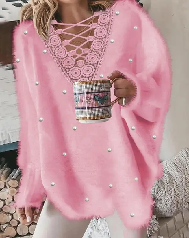 

Женский кружевной топ с жемчужинами, Повседневный пуловер с нашивками крест-накрест, Осень-зима-весна 2023