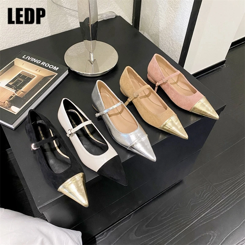 

Pointed Toe Patchwork Women Flats 2023 New Shallow Female Buckle Strap Fashion Flock Single Shoes Ladies Mary Jane Spring Autumn