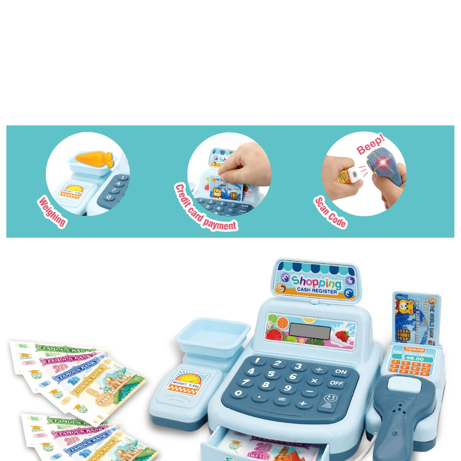 ZK30 Cash Register Toy with Scanner Lights Sounds Effect Interactive Kids Supermarket Checkout Toy for Children 5