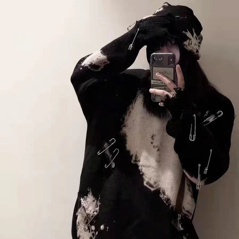 

Ripped Holes Knitting Sweaters Women Tie Dye Streetwear Pullover Hip Hop Harajuku Loose Tops Vintage Jumpers