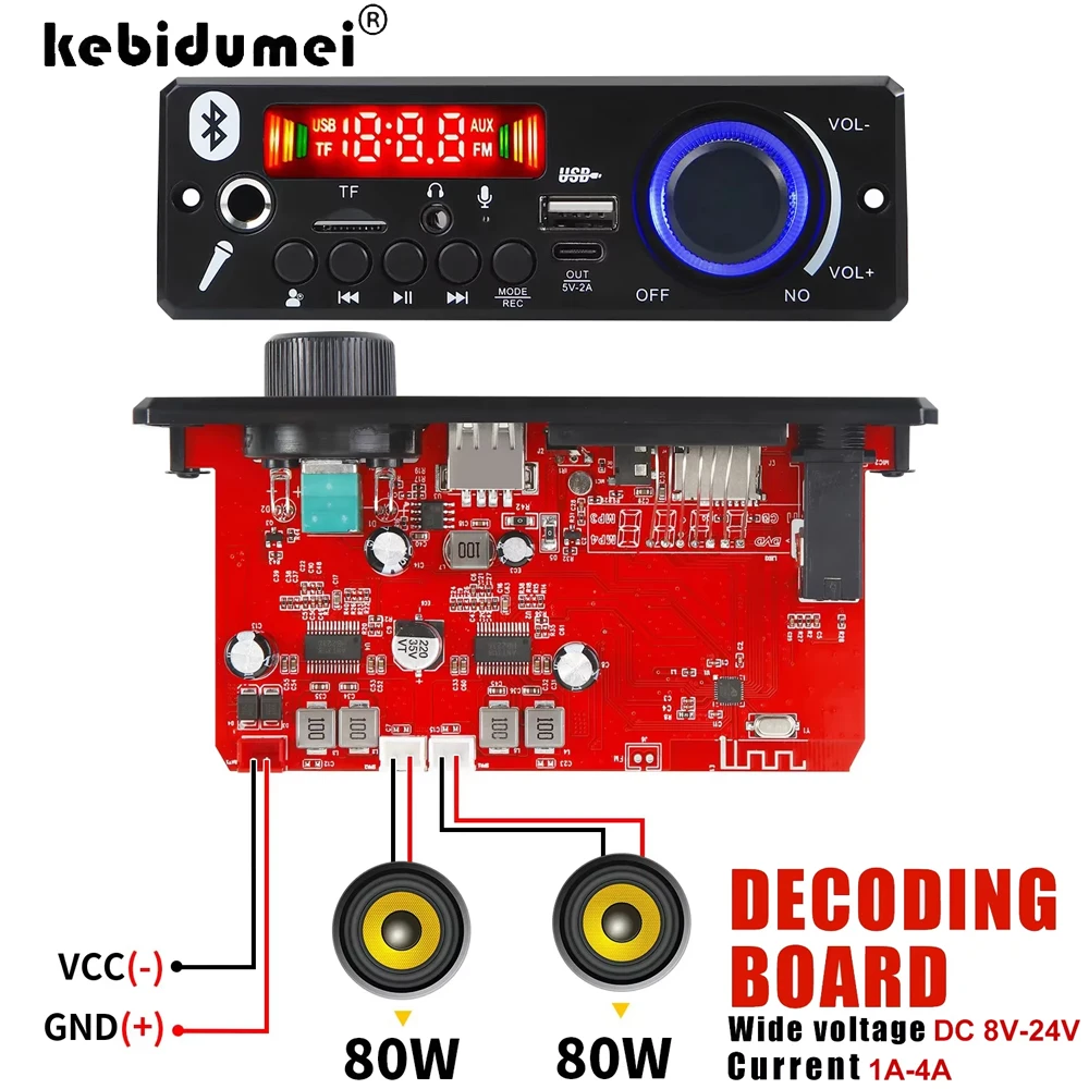KEBIDUMEI 160W 앰프 블루투스 MP3 WMA 디코더 보드 12V 80W 핸즈프리 차량용 오디오 마이크 USB TF FM 라디오 DIY Mp3 플레이어 ,160W Amplifier Bluetooth