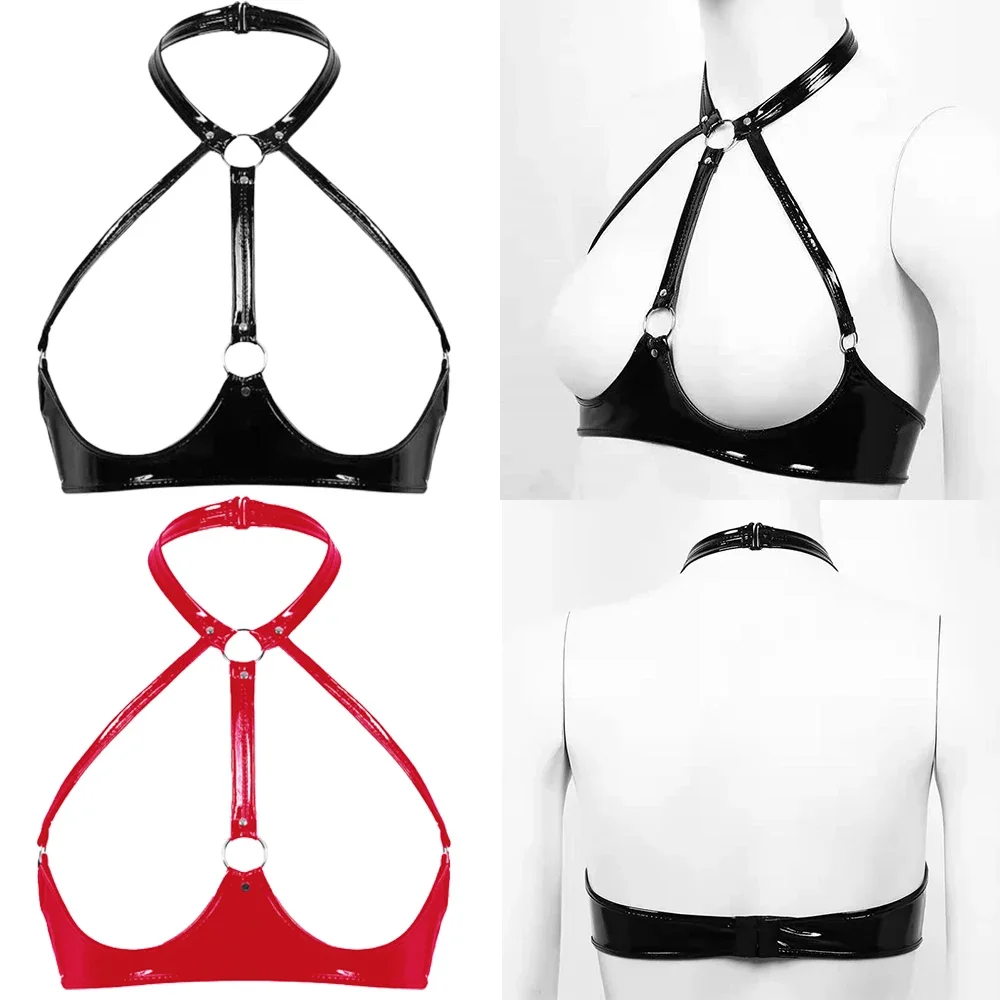 

Women Sexy Open Cup Leather Bras Hot Porn PVC Wet Look Glossy Leather Top Breast Exposing Erotic Latex Lingerie Bralette Harness