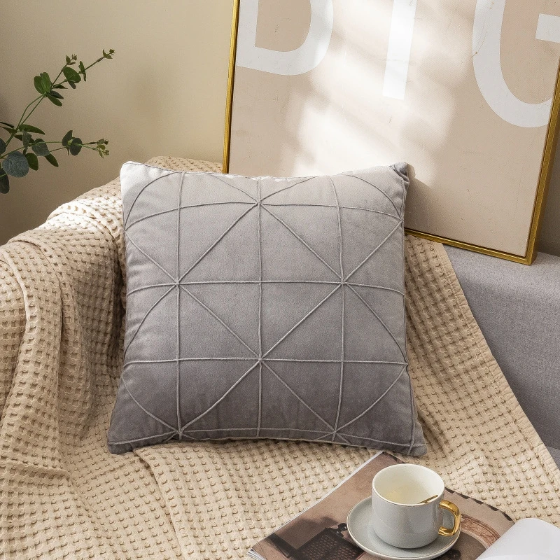 Gray geometric grid velvet pillow cover