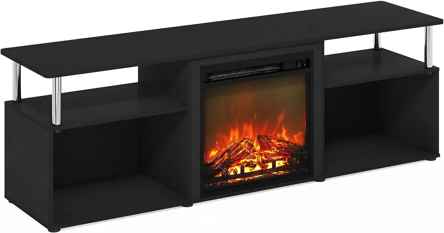 

Open Storage Fireplace Entertainment Center for TV up to 70 Inch with Stainless Steel Tubes, Americano/Chrome