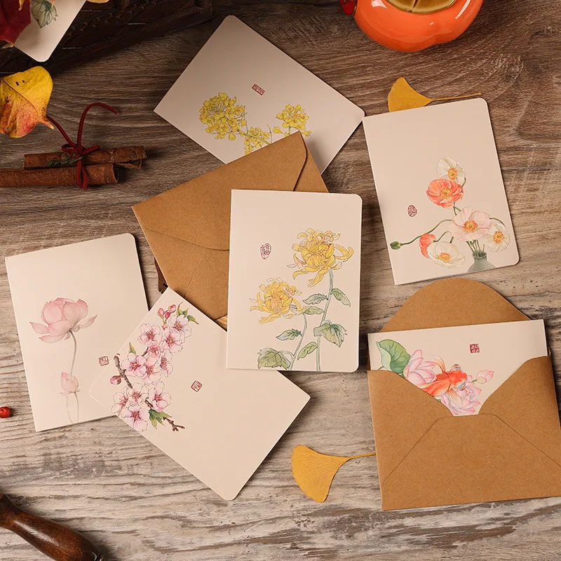 Floral Chinese Vintage Style Greeting Invitation Cards 10pcs/set 8.5x11.5cm Wedding Gift Card with Kraft Envelope