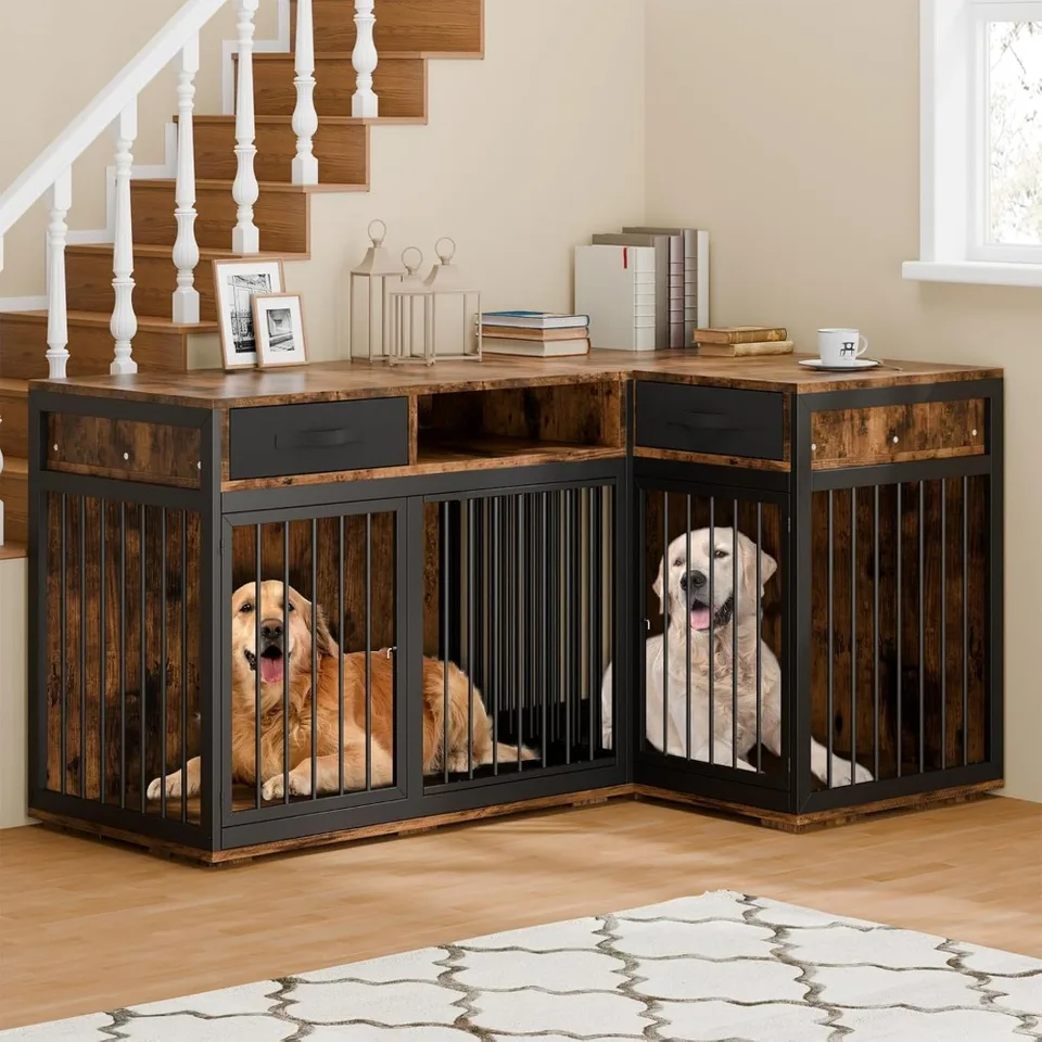 L Shaped Corner Dog Crate with Metal Frame
