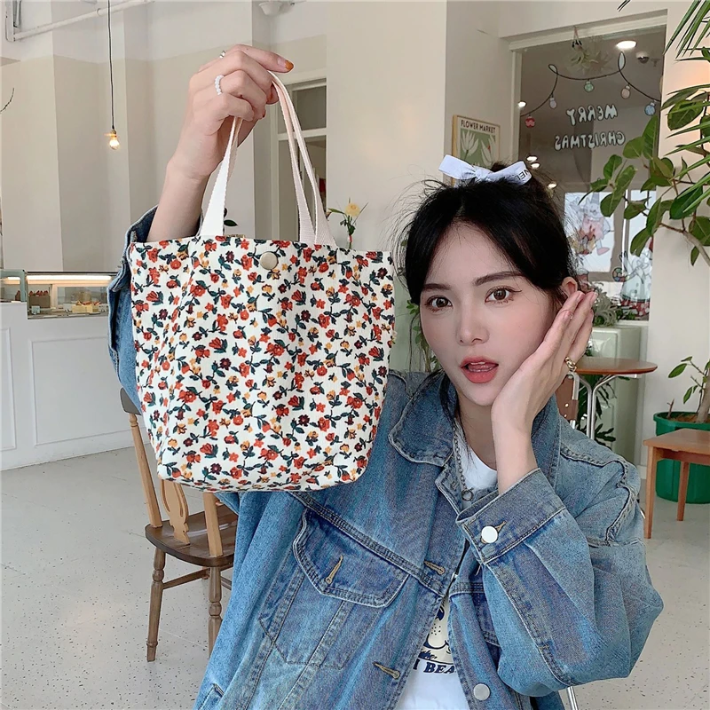 

Women's With Buckle Handheld Food Bag Corduroy Commuter Handheld Lunch Bag Student Literary Picnic Travel Bento Box Handbag