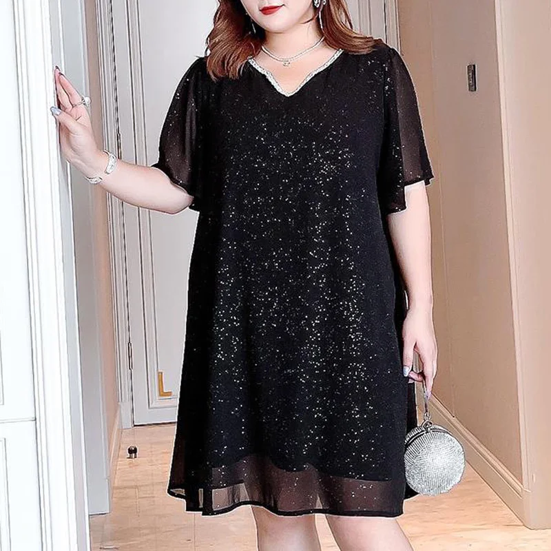 

Plus Size 5XL 150KG Women Black Sequins Dresses Summer Short Sleeve Loose Chiffon Dresses Ladies Casual Large Dress Woman dress