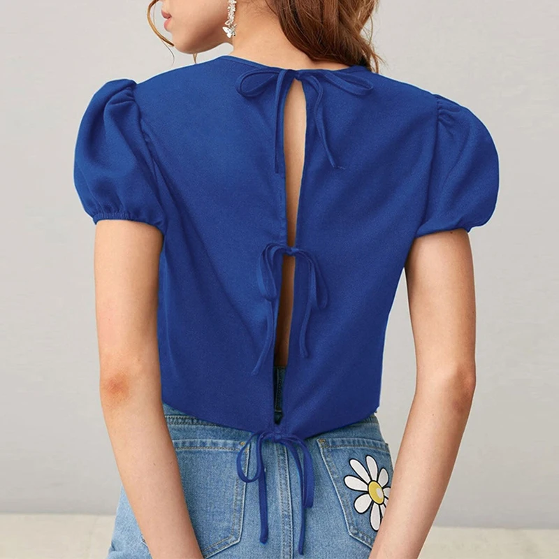 

Женские укороченные топы со шнуровкой и бантом, модные футболки с коротким рукавом-фонариком и круглым вырезом, Женская ажурная одежда для поездок