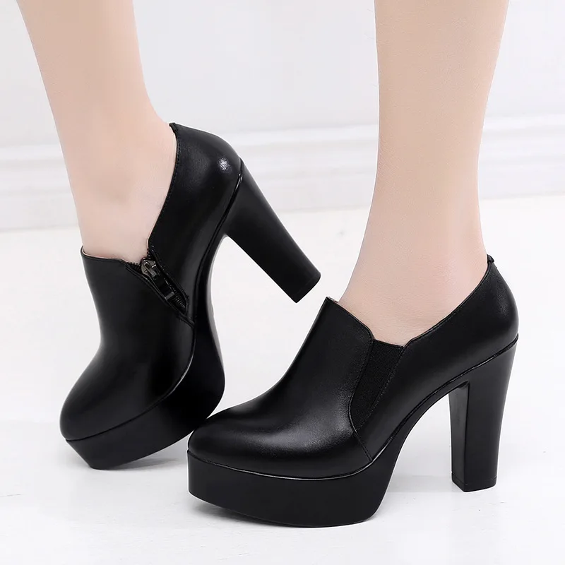 Deep Mouth Platform Pumps Block Heel Shoes 2023 Fall Split Leather Shoes Women High Heels Office Party Shoe 41 42 43