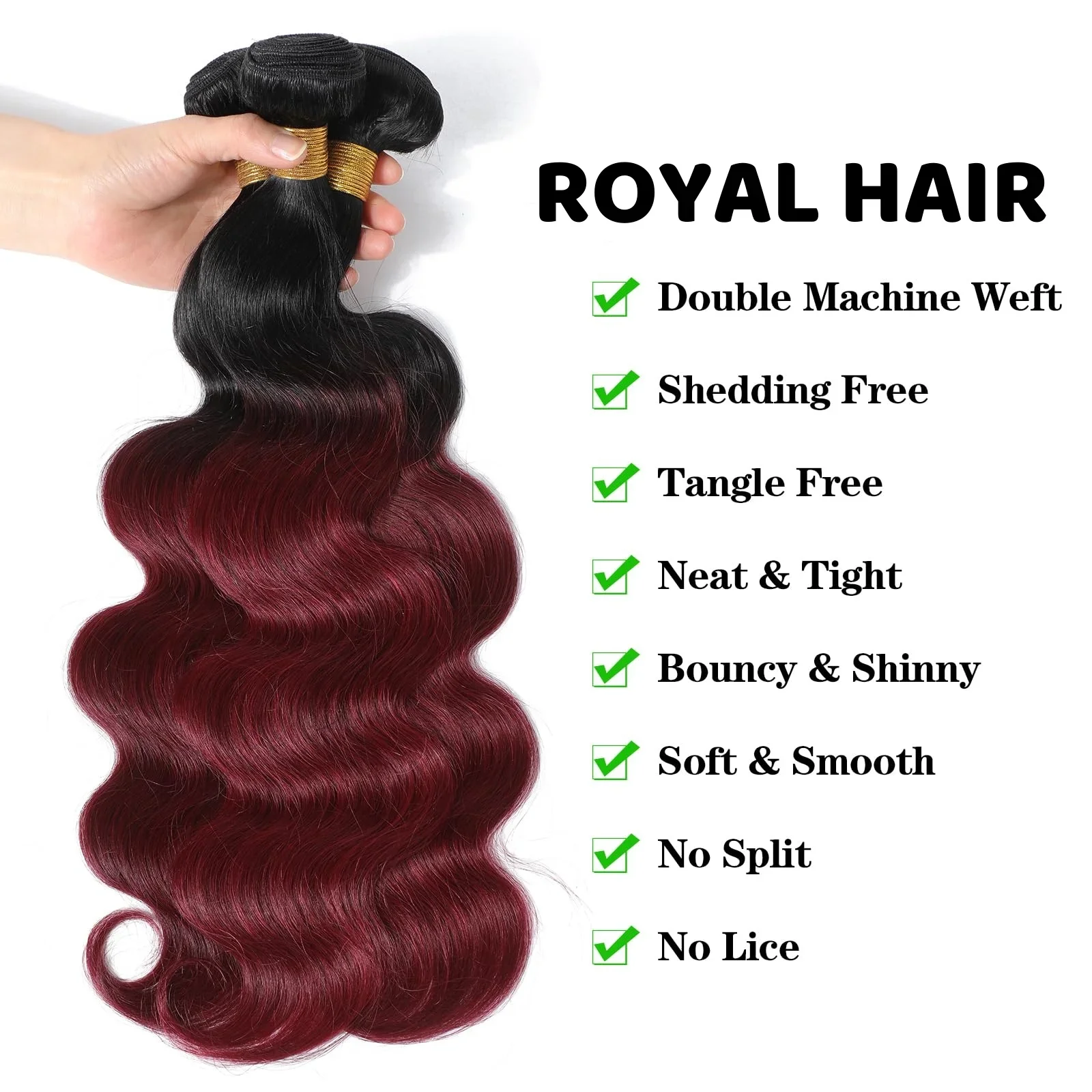 Extension di Capelli Umani Brasiliani 1B/Burgundy con Onde Morbide, 100% Capelli Umani con Chiusura in Pizzo 4x4, Extension Remy - immagine 2