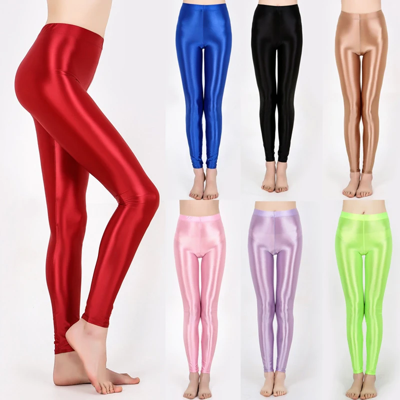 Womens Glossy Sexy Stockings Oil Shiny Pantyhose Tights Yoga Pants Solid Color Fitness Elastic Waist Dance Sports Leggings 2
