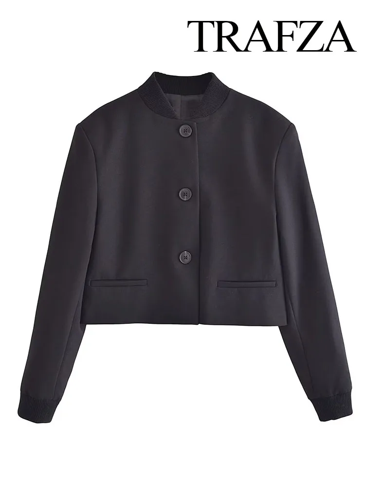 

TRAFZA Women Elegant Black Long Sleeve Jackets Round Neck Short Coat Woman Chic Autumn Winter Single Breasted Outerwears Mujer