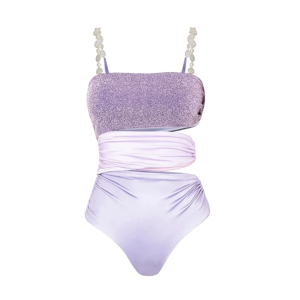 Purple Sling Bikini Hollow Out Splicing Beach One-piece Swimsuit 2024 Women Summer Holiday Swimwear Bathing Resort Bikinis Set