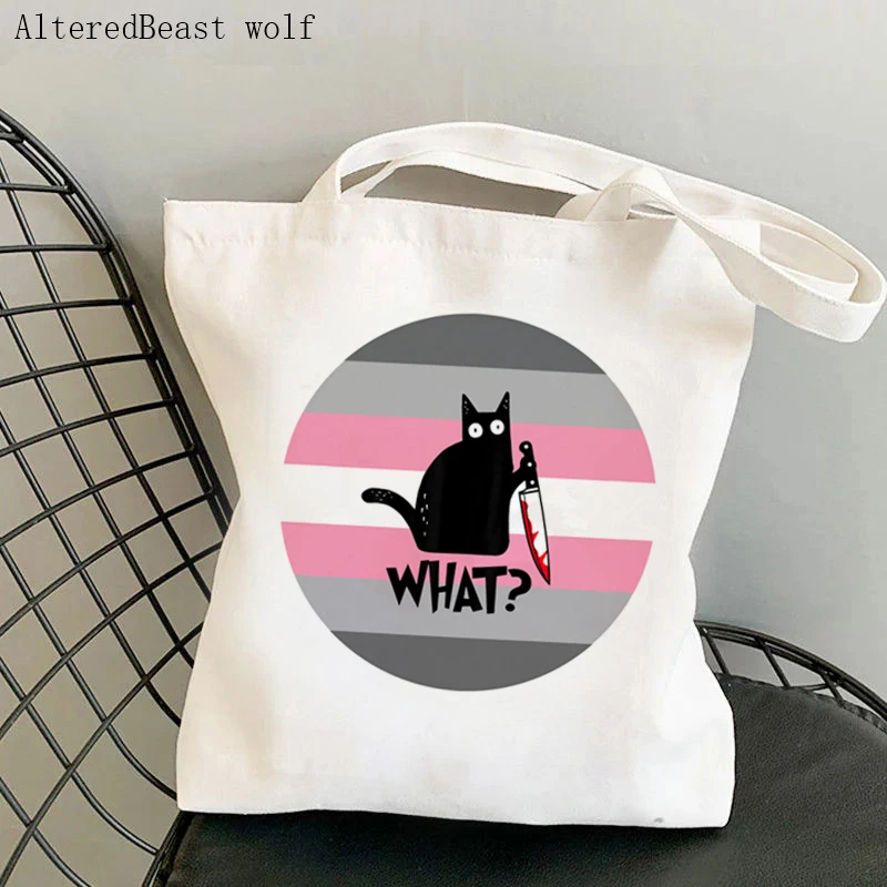 Women Shopper bag Agender halloween cat knife Bag Harajuku Shopping Canvas Shopper Bag girl handbag Tote Shoulder Lady Bag