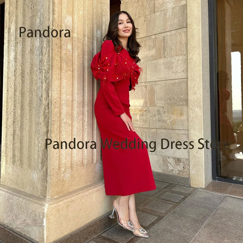 

Pandora women's formal evening dress O-neck long sleeves tea-length A-line feather Crystal Birthday wedding ball party gown