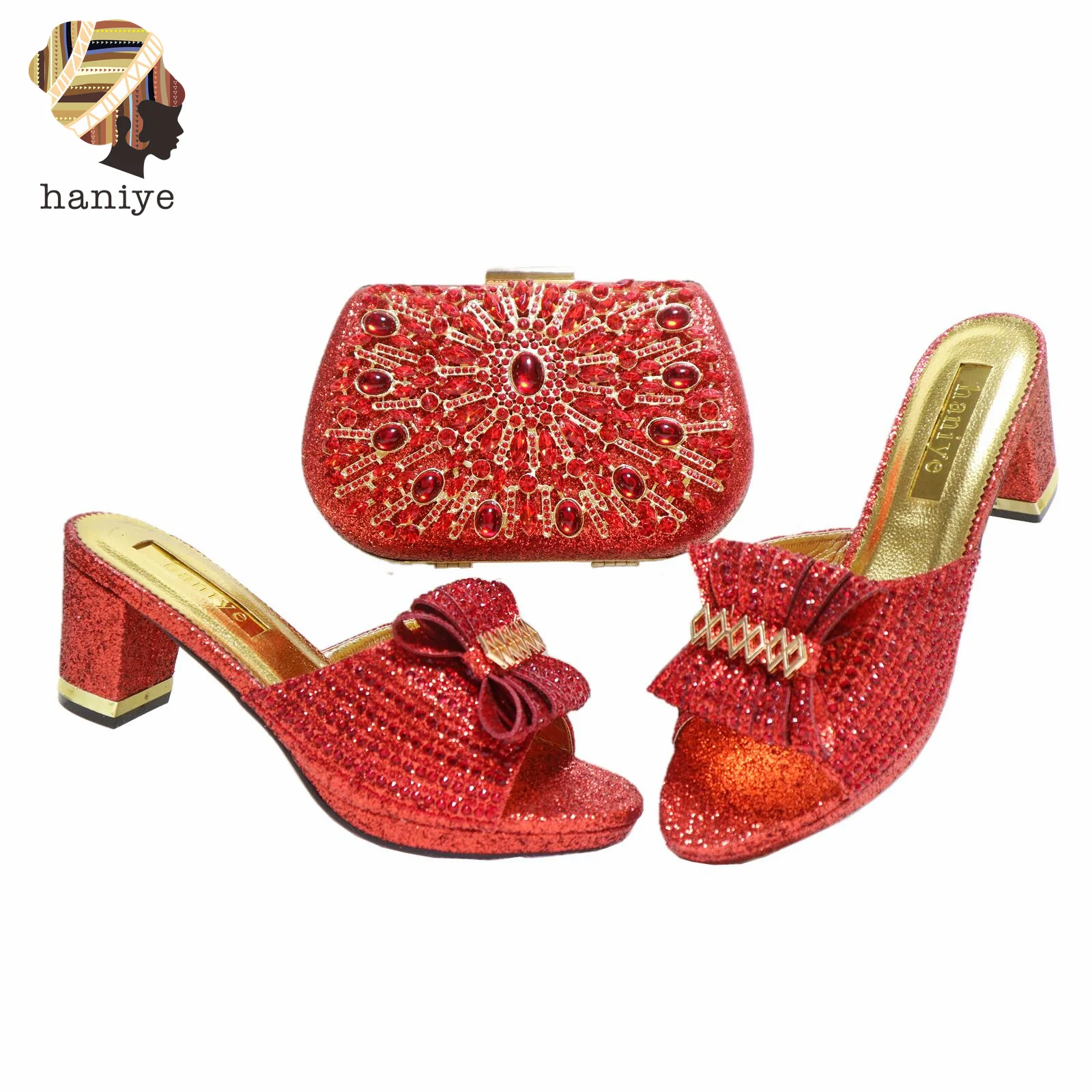 

Italian Style Fashion Women's Open Toe Slippers Matching Clutch Bag Chunky Heels Sandals Party Dress With Handbag