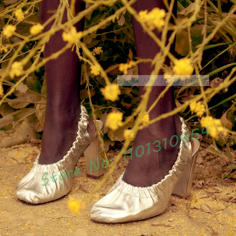 

Metallic Ruched High Block Heels Sandals Women Luxury Elastic Slingback Strap Close-Toed Bare Heel Ladies Autumn Fashion Shoes