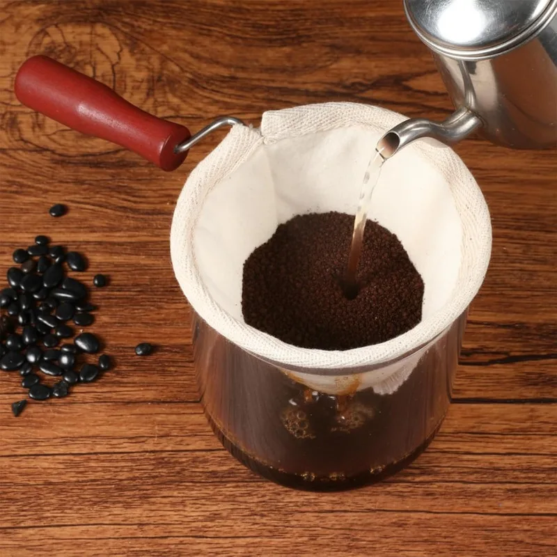 Reusable Flannel Coffee Filter Bag | Wooden Handle Pour Over Filter Cloth, Eco-Friendly Brewing Accessory for Rich Flavor