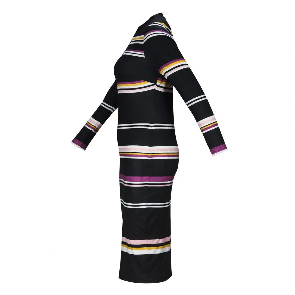 

Women Tight Waist Dress Elegant Striped Midi Dress for Women Slim Fit Long Sleeve Spring Commute Style Slim Fit Waist Design