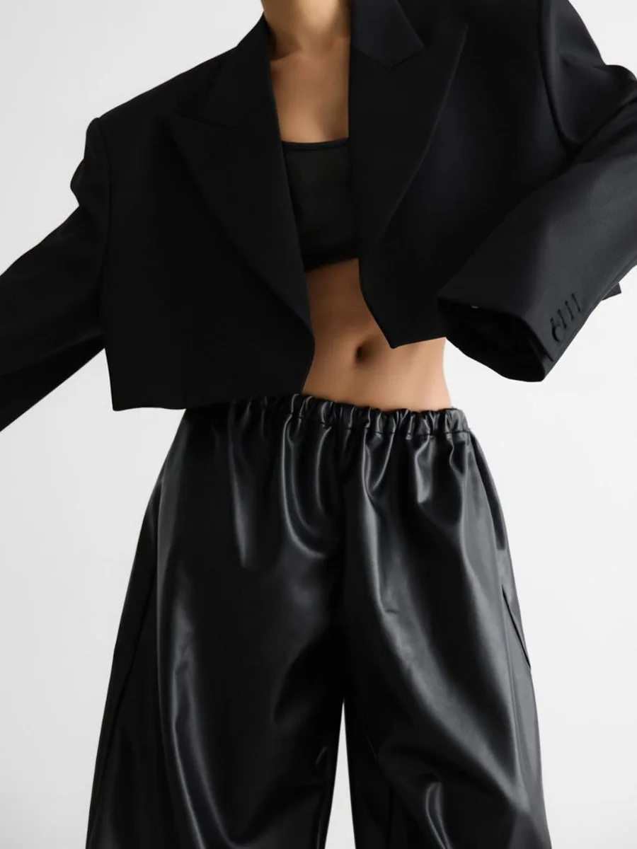 High-Waisted Faux Leather Pants – Balloon Leg with Gathered Cuffs
