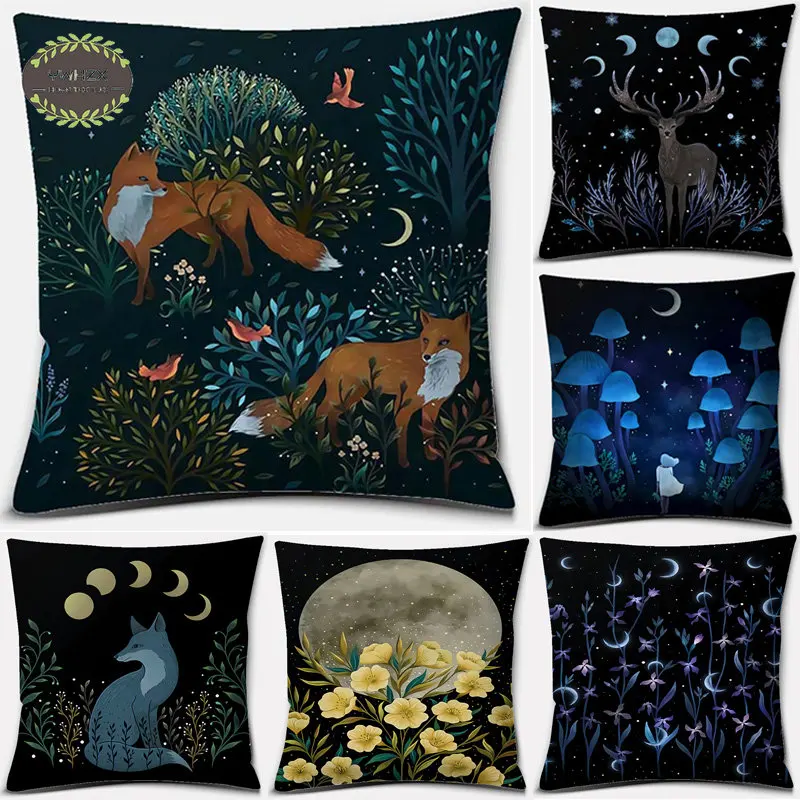 

Animal Moon Pattern Pillow Case Square Home Office Car Cushion Covers for Living Room Decoration Peachskin Body Throw Pillows
